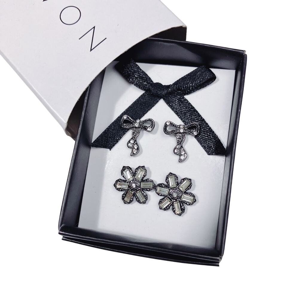Signed Avon Rhinestone Stud Earring Set Holiday Bow and Flower Crystal Jewelry